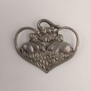 Vintage Seagull Pewter Rabbits In Heart Brooch